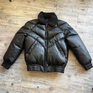 Bomber Jacket Genuine Leather Sherpa Neck Women's Medium Black Vintage 90s